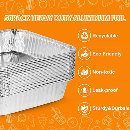 8x8 Foil Pans 50 Pack, Heavy Duty Square Disposable Baking Cake Pans, Disposable Food Containers Great for Baking Pans, Cooking, Heating, Parties Meal Prep, Storing, Breads, Brownies, Meatloaf,Lasagna