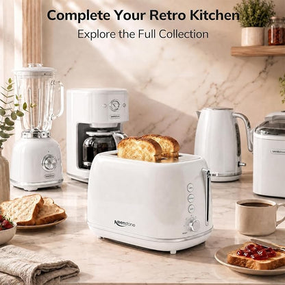 Keenstone Toaster 2 Slice, Retro Wide Slot Stainless Steel Toaster with 6 Browning Levels, Reheat & Defrost, for Bagel, Toast, Bread, Kitchen Essentials, Removable Crumb Tray, White