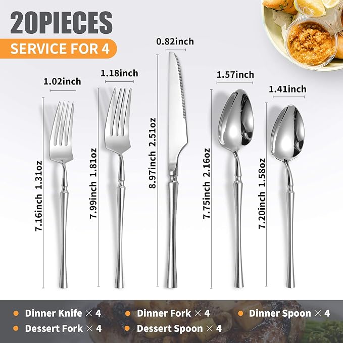 Lemeya 20 Piece Silverware Set, 18/10 Stainless Steel Flatware Service for 4, Unique Cutlery With Canton Tower Handle, Forks Spoons and Knives, Mirror Polished, Dishwasher Safe