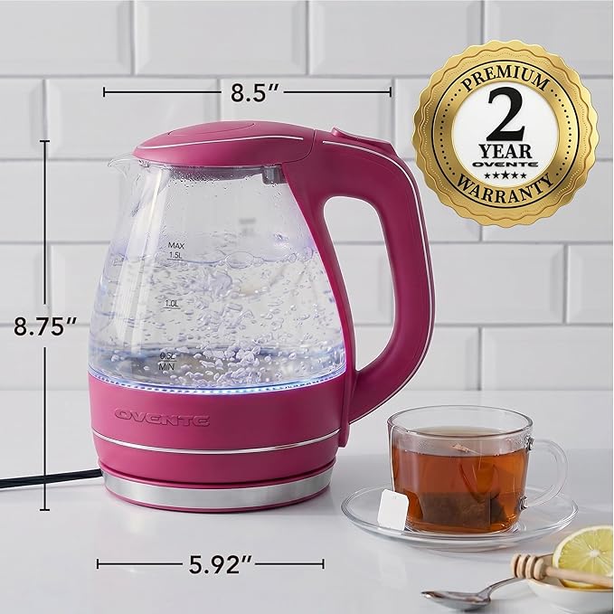 OVENTE Electric Kettle, 1.5L Borosilicate Glass Countertop Water Heater and Boiler for Coffee or Tea, BPA-Free, Auto Shut-Off, Boil-Dry Protection, Removable and Washable Spout Filter, Pink KG83F
