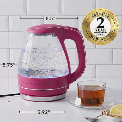 OVENTE Electric Kettle, 1.5L Borosilicate Glass Countertop Water Heater and Boiler for Coffee or Tea, BPA-Free, Auto Shut-Off, Boil-Dry Protection, Removable and Washable Spout Filter, Pink KG83F