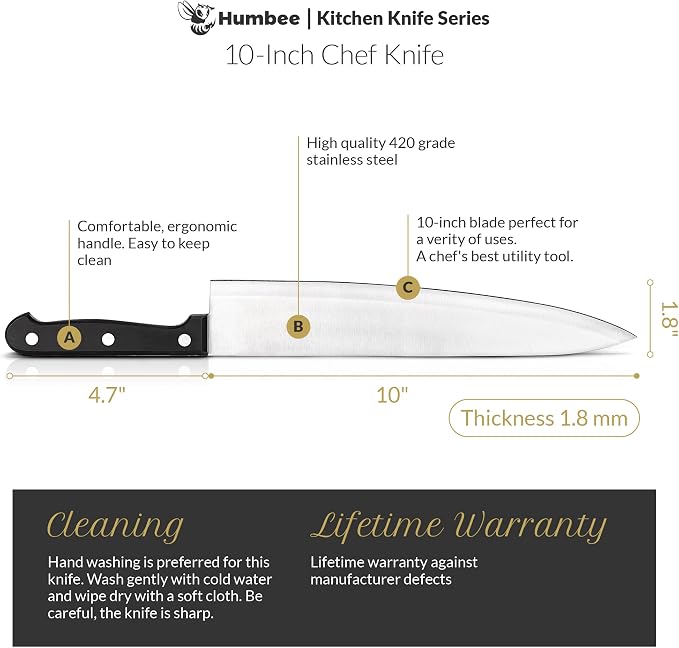 Chef Knife 10 Inches - Stainless High Carbon Steel Full Tang Blade for Pro and Personal Use Ergonomic Handle, Comfortable Grip