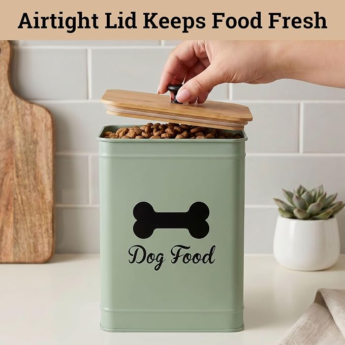 Dog Food Container Airtight 5-7 lb (25 Cup) Capacity - Cute Airtight Dog Food Storage Container with Bamboo Lid & Sturdy Metal Handle - Green Metal Kibble Storage Bin for Dogs up to 50 lbs - Pet Jar
