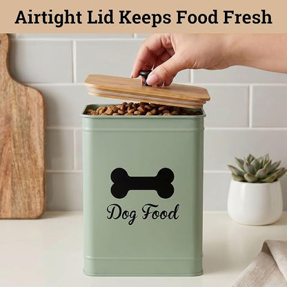 Dog Food Container Airtight 5-7 lb (25 Cup) Capacity - Cute Airtight Dog Food Storage Container with Bamboo Lid & Sturdy Metal Handle - Green Metal Kibble Storage Bin for Dogs up to 50 lbs - Pet Jar