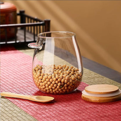 Airtight glass jar storage container with bamboo lid Set of 2, wide mouth, leak-proof, With a spoon, can be used for coffee beans, tea leaves, grains, dried fruits, etc (Large*2PCS)