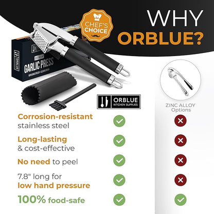 ORBLUE Garlic Press and Peeler Set, Stainless Steel - Professional Grade Mincer, Crusher - Dishwasher Safe & Rust-proof, Black