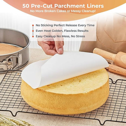 RFAQK 4 Inch Mini Cheesecake Pans Leakproof, 4pcs Small Nonstick Springform Pans with Removable Bottom, Includes 50pcs Parchment Papers, E-Book, Perfect for Baking Mini Cakes, Pizzas, Quiches & More!