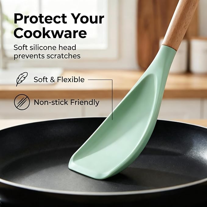 Cooking Spoon for Nonstick Cookwares,Cedar and Ash Spoon, Multifunction Spatula Cooking Spoon, Perfect Silicone Spoon for Mixing, Scoop, and Scrape (GREEN)