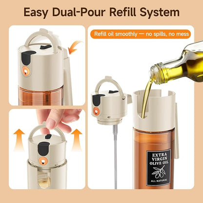 2-Pack Black and Beige Oil Sprayer Set, Two 500ml Dark-Tinted Glass Bottles for Olive Oil and Vinegar, Matching Countertop Spray and Pour Dispensers