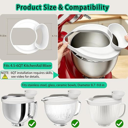 Flour Funnel with Pouring Shield for KitchenAid 4.5-6QT Mixer, Silicone Splash Guard with Flour Funnel for Kitchen Aid Mixer Tilt-Head and Bowl-Lift, Dishwasher Safe Baking Tool (White)