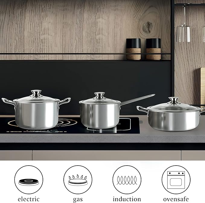 6Pcs Pots and Pans Set, Stainless Steel Pot Set, Nonstick Kitchen Cookware Set, Induction Pots Set with Stay-Cool Handle, Works with Electric and Gas Cooktops, Dishwasher Safe