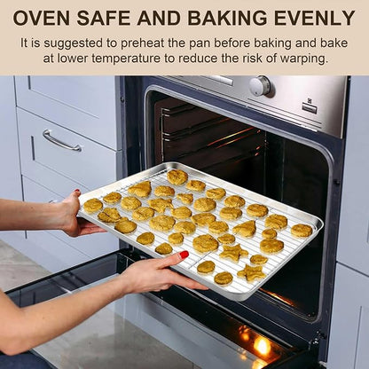 TeamFar Stainless Steel Baking Sheet, 16inch Baking Pans Cookie Sheets for Baking with Cooling Rack & Silicone Baking Mat - 2 Sheet Pans + 2 Roasting Racks + 2 Silicone Mats, Non Toxic, Easy Clean