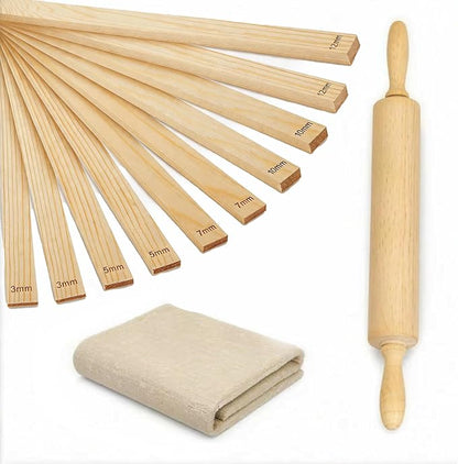 12 PCS Pottery Tools Set, Wooden Clay Rolling Pin with 10 Rolling Pin Guides & Linen Mat, Slab Roller for Clay Pottery
