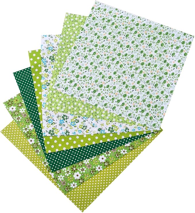 7Pcs Green Patchwork Squares Fabric Flower Polka Dot Print Soft Cotton Square Fabrics Floral Printed Vintage Cloth Bundle for Sewing Making Clothing Dress Decor Scrapbooking Diy Craft Supply