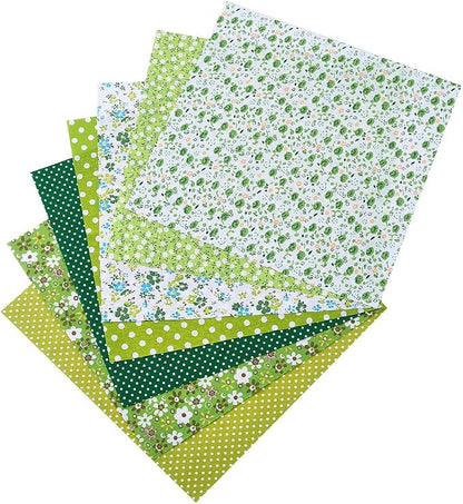 7Pcs Green Patchwork Squares Fabric Flower Polka Dot Print Soft Cotton Square Fabrics Floral Printed Vintage Cloth Bundle for Sewing Making Clothing Dress Decor Scrapbooking Diy Craft Supply