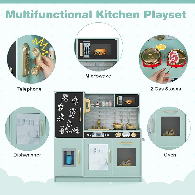 HONEY JOY Kids Kitchen Playset, Wooden Little Chef Pretend Toy Kitchen Set w/Chalkboard, Telephone, Utensils, Oven, Microwave, Sink, Storage, Play Kitchen for Toddlers Boys Girls, Green