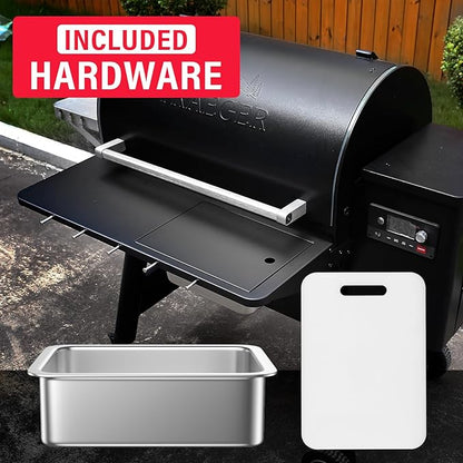 Utheer Folding Front Shelf for Traeger Pro 780 & Ironwood 885, 32.5"x11.5" | Heavy-Duty BBQ Prep Table, Cutting Board & Basin, 5 Hooks, 60-LB Load Steel