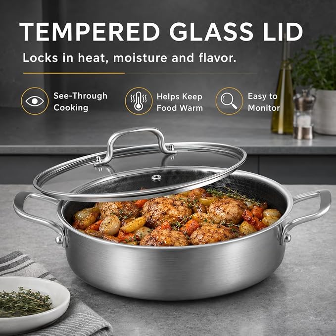 Tri-Ply Stainless Steel 7 Quarts Saute Pan, 12 Inch Nonstick Skillet with lids, Fast even Heat cookware, Hybird Large Frying Pan, 18/10 Chef's Cooking Pan, Induction Pan, Dishwasher and Oven Safe