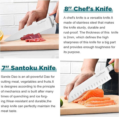 Kitchen Knives, 2 Piece Ultra Sharp 8 inch Chef Knife and 7 inch Santoku Knife, German Carbon Stainless Steel Forging Cooking knife Set, with Ergonomic Handle and Gift Box