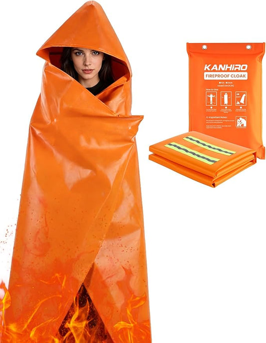 Emergency Fireproof Cloak with Hood – KANHIRO 1076°F Heat Resistant Fire Escape Poncho, Extra Large Silicone Coated Fire Blanket Cape for Home, Kitchen & Emergency