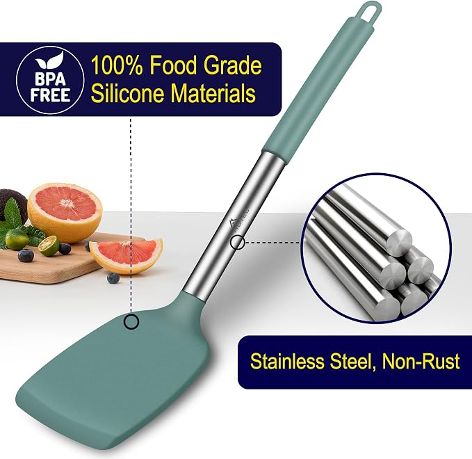 HOTEC Silicone Spatula Set of 2 Heat-Resistant 600F & BPA-Free Kitchen Spatula Turner with Stainless Steel Handles, Slotted & Solid Spatulas for Nonstick Cookware, 13.7 Inch, Sage Green
