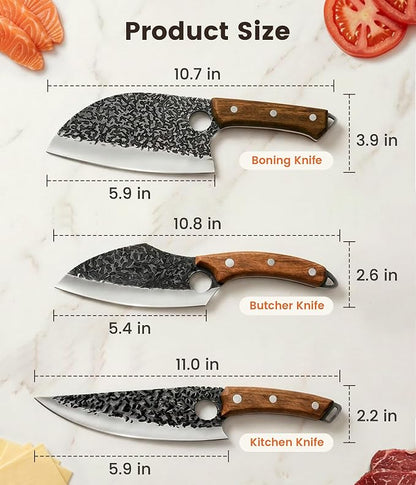 Newise 3-Piece Kitchen Knife Set, Chef Knife & Heavy Duty Meat Cleaver & Universal Chopping Knife, Japanese Steel with Beech Wood Handle, Essential Cutting Knives Set for Home Cooking