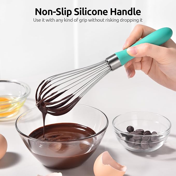 U-Taste 9" Small Egg Whisk: 18/10 Stainless Steel Kitchen Cooking Wire Balloon Wisk, Heavy Duty Metal Beater Stirrer, Manual Baking Tool with 6 Flex Wires for Hand Mixing, Blending Sauce (Aqua Sky)