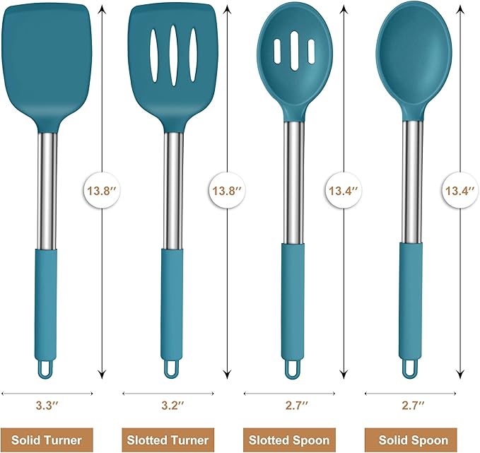 LIANYU Silicone Kitchen Cooking Utensils Set, 4Pcs Heat Resistant Kitchen Tools Spatula for Nonstick Cookware, Slotted Turner, Spoon, Soup Ladle, Pasta Server, Skimmer, Tongs, Blue