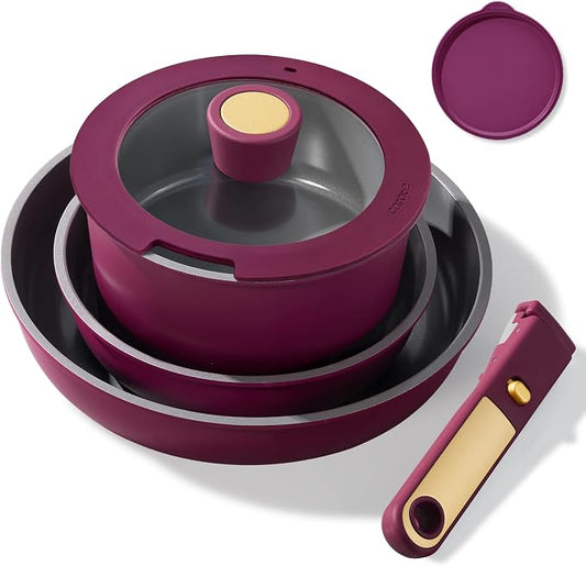 CAROTE Ceramic Pots and Pans Set, Nonstick Cookware Set Detachable Handle, 6pcs Induction Kitchen Cookware Sets Non Stick with Removable Handle, RV Cookware Set, Oven Safe, Purple