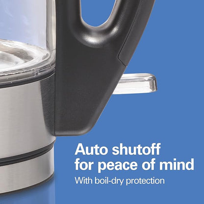 Hamilton Beach Electric Tea Kettle, Water Boiler & Heater, 1 Liter, 1500 Watts for Fast Boiling, BPA Free, Cordless Serving, Auto-Shutoff & Boil-Dry Protection, Blue LED, Glass (40930)