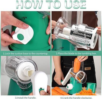 Cambom Rotary Cheese Grater Hand Crank Cheese Shredder for Fresh Cheese, Vegetable, Nuts,Non-slip Suction Base, Three Blades, Dark Green