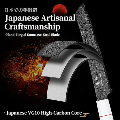 DRGSKL Damascus Serrated Bread Knife - VG10 Serrated Knife for Homemade Bread - Japanese G10 Handle - Slicer Knives with Wide Wavy Edge for Sourdough Baguette - with Gift Box