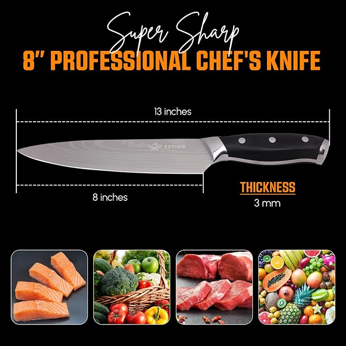 8 inch Professional Chef Cooking Knife with Finger Guard - Super Sharp Kitchen Knife for Precision Cutting - Ideal Kitchen Gadget for Chefs with Ergonomic Handle.