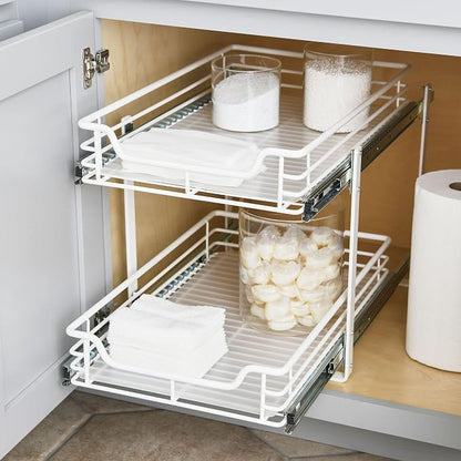Household Essentials Glidez Multipurpose Paint-Finished Steel Pull-Out/Slide-Out Storage Organizer for Under Cabinet Use - 2-Tier Design - Fits Standard Size Cabinet or Shelf, White