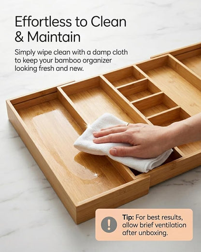 Expandable Bamboo Silverware Drawer Organizer, 5-7 Compartments | Expandable Design, 5-7 Compartments, Dual-Zone Storage, Natural Bamboo Construction, Easy Access Layout