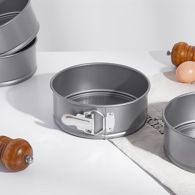 Funnymoom 4 Pcs 7 Inch Non Stick Springform Pan with Removable Bottom Carbon Steel Round Springform Cheesecake Pan with Stainless Steel Spring Buckles for Baking Kitchens Restaurant(Gray)