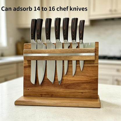 Large Magnetic Knife Holder - 14.5 x 11" Double-Sided Acacia Wood Block with Built-in Sharpener, Holds 14+ Knives, Premium Kitchen Counter Organizer for Professional Chefs