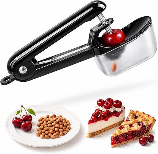 Cherry Pitter with Container, Stainless Steel Single Cherry Pitter Tool with Pit Collector Box, Portable Handheld Cherry Pitter for Baking, Mess-Free Pit Remover for Cherries, Kitchen Gadget (Black)