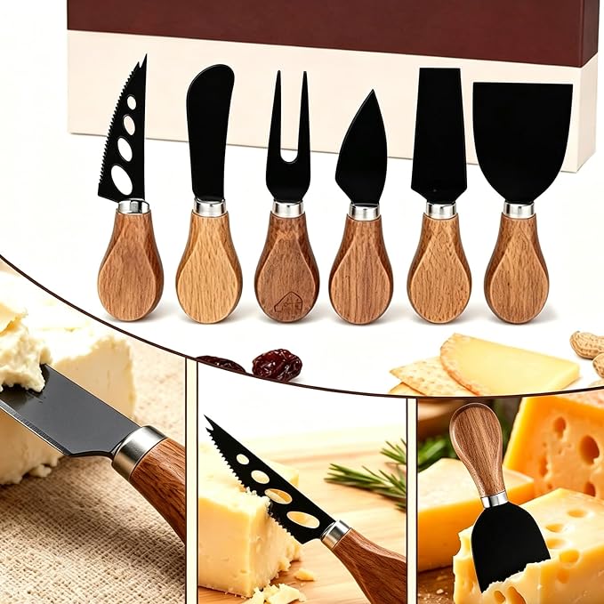 6 Piece Cheese Knives Set with Wooden Handle, Mini Steel Stainless Cheese knife set for Charcuterie and Cheese spread, Perfect for Cheese Slicer and Butter Cutter (Acacia-Black Box)