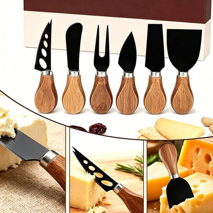 6 Piece Cheese Knives Set with Wooden Handle, Mini Steel Stainless Cheese knife set for Charcuterie and Cheese spread, Perfect for Cheese Slicer and Butter Cutter (Acacia-Black Box)