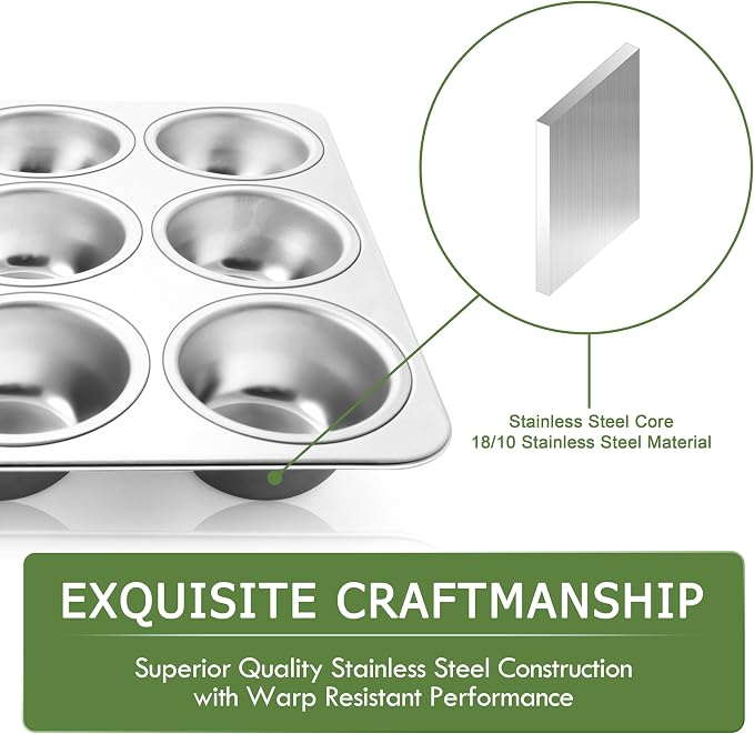 Herogo 3 Pack 12-Cup Stainless Steel Muffin Pan Tin for Making Egg Muffin Quiches, Metal Nonstick Cupcake Tray Set for Baking, Mini Brownie, Regular Size & Easy Clean, Oven & Dishwasher Safe