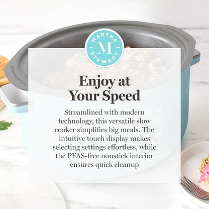 Martha Stewart 8 QT Slow Cooker, Programmable with Timer, 3 Heat Settings (Low, High, Warm), Nonstick Ceramic Removable Crock, Stovetop & Oven Safe, Glass Lid, Simmer, Reheat, Warm, Sky