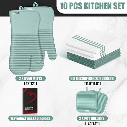 Oven Mitts and Pot Holder Sets with Silicone Grip, 500°F Heat Resistant-6 Pack Dishcloth/Dish Towels for Kitchen 100% Cotton-Value Kitchen Essentials for Cooking, Baking, Grilling-Mint Green