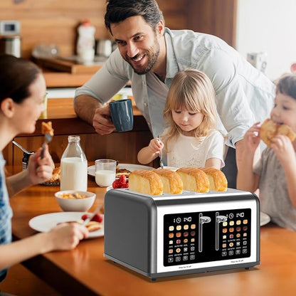 4 Slice Toaster Touch Screen, Stainless Steel Toasters Digital Timer, Dual Control Panel Toasters, 8 Shade Settings 6 Bread Types for Bagel, Cancel, Defrost 1650W Grey