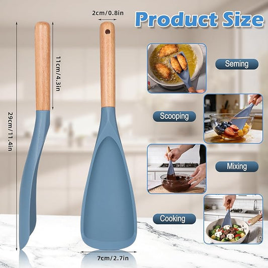 Cooking Spoon Set with Wooden Handle, Heat-Resistant Kitchen Utensils for Stirring, Mixing, Serving, Non-Stick Cookware (BLUE - 1Pack)