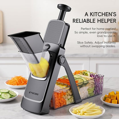 [All in 1] Vegetable Slicer with Adjustable Thickness, Easy to Clean Potato Mandoline Slicer with Container, Rapid Prep French Fry Veggie Cutter/Onion Slicer, Free Grater/Cleaning Brush (Black)
