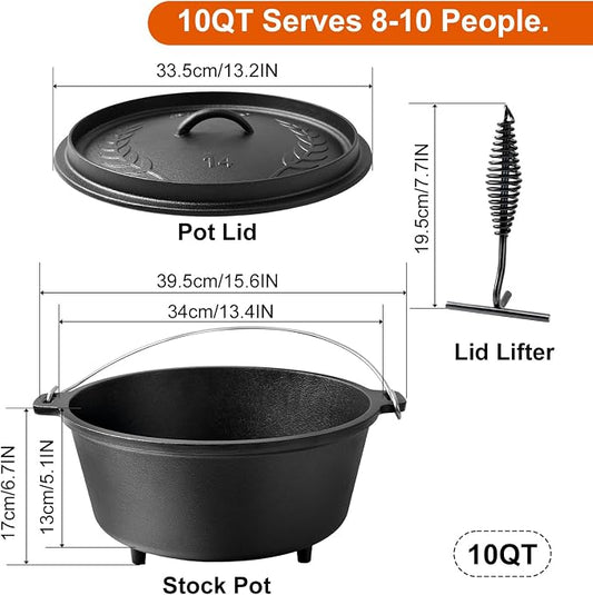 Pre-Seasoned Cast Iron 10QT Camp Dutch Oven with Lid, Large Camping Dutch Oven Pot, incl. Lid Lifter - Dual Handles - for Outdoor Campfire, Grill, Oven&Stovetop Cooking - Black