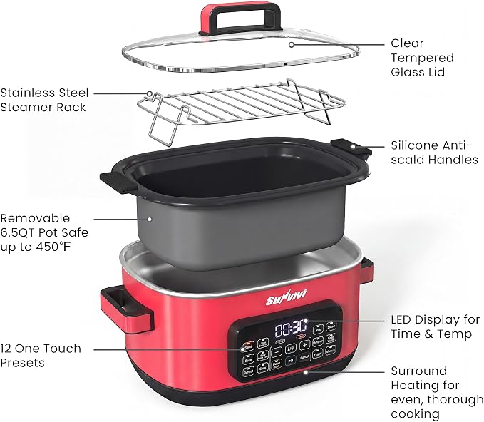 Sunvivi 12-in-1 Multi Cooker, 6.5QT Programmable Slow Cooker with Timer & Temp Control, Auto Warm Setting, Delay Start, Dishwasher Safe Lid & Removable Nonstick Crock, Stainless Steel Rack, Red