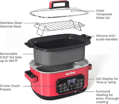 Sunvivi 12-in-1 Multi Cooker, 6.5QT Programmable Slow Cooker with Timer & Temp Control, Auto Warm Setting, Delay Start, Dishwasher Safe Lid & Removable Nonstick Crock, Stainless Steel Rack, Red