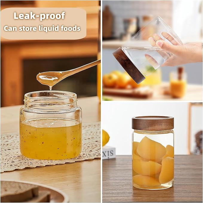 Set of 2 Glass Food Storage Jars, Premium Clear Glass Container Jar with Airtight Wooden Screw-on Lid, Kitchen Canisters for Coffee,Tea,Pasta,Cookies, Nuts,Spice,Candy,Overnight Oatmeal